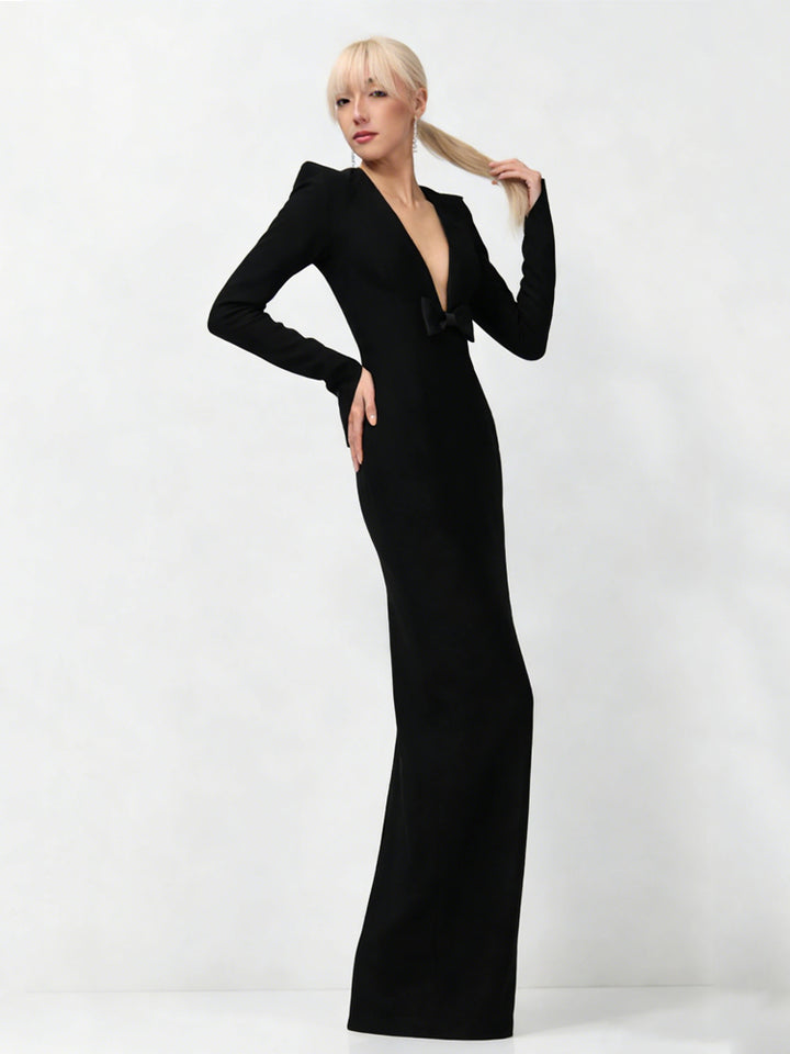 Black Deep V Bow Formal Gown