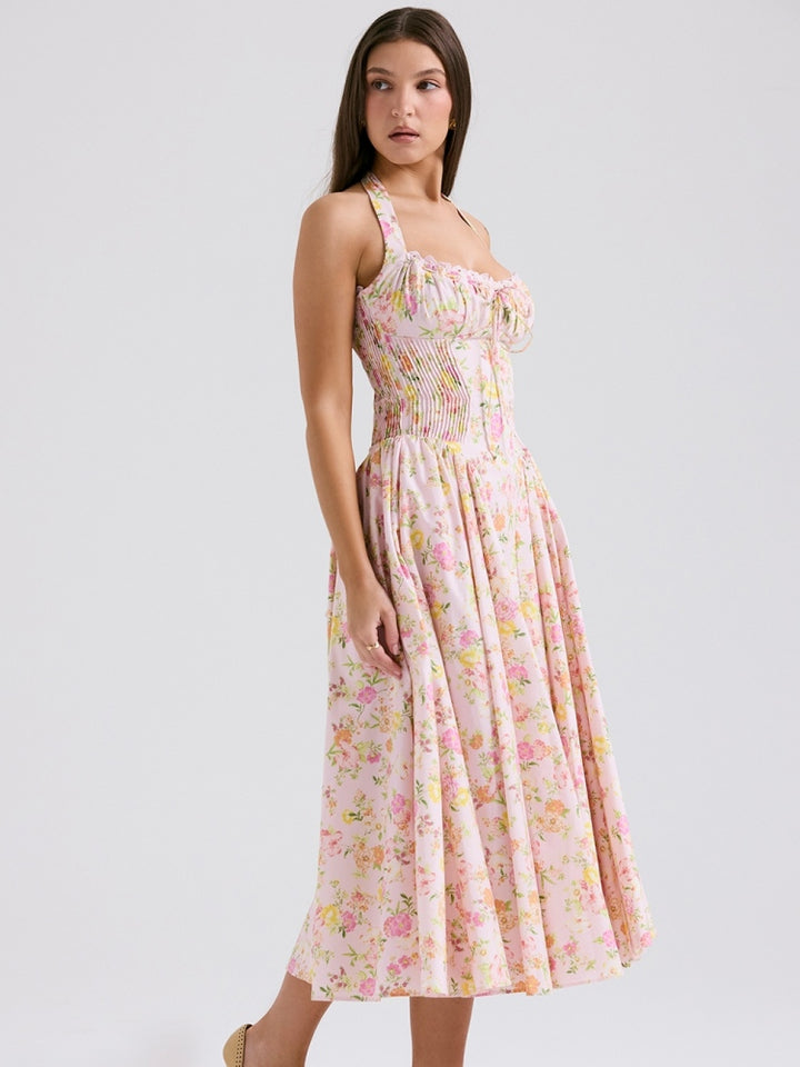 Pink Meadow Print Backless Midi Tank Dress