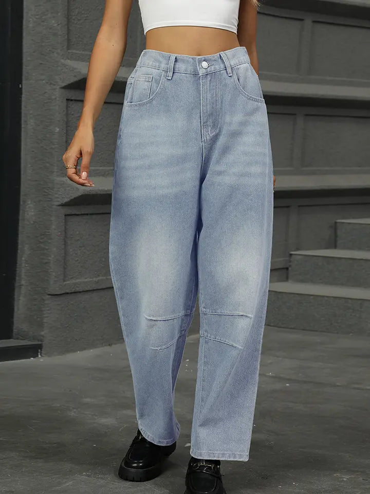 Pantaloni denim harem cropped spălați relaxați