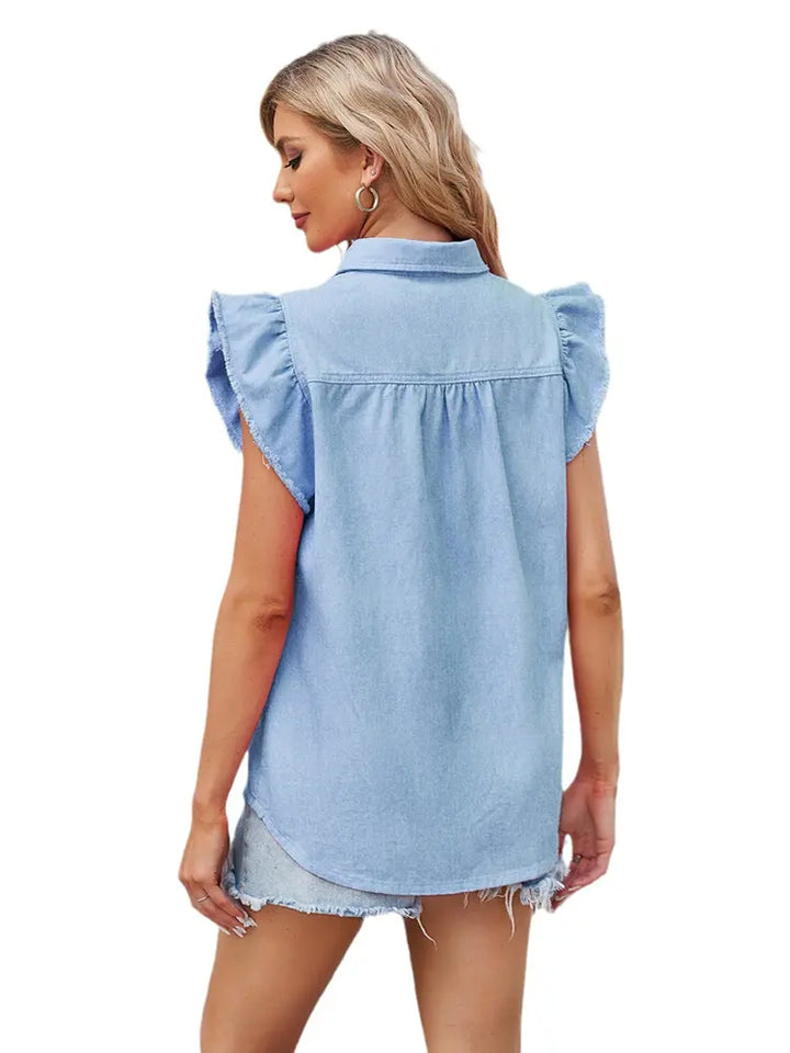 Ruffle Mouw Knop-Up Denim Shirt