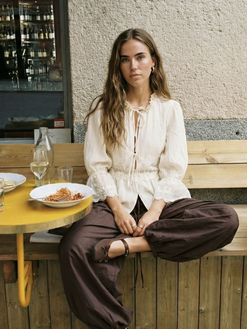 Lace Puff Sleeve Blouse & Cropped Bloomer Pants