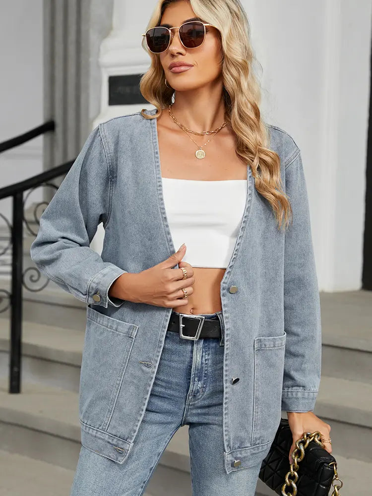 V-hals Lange Mouwen Denim Jas