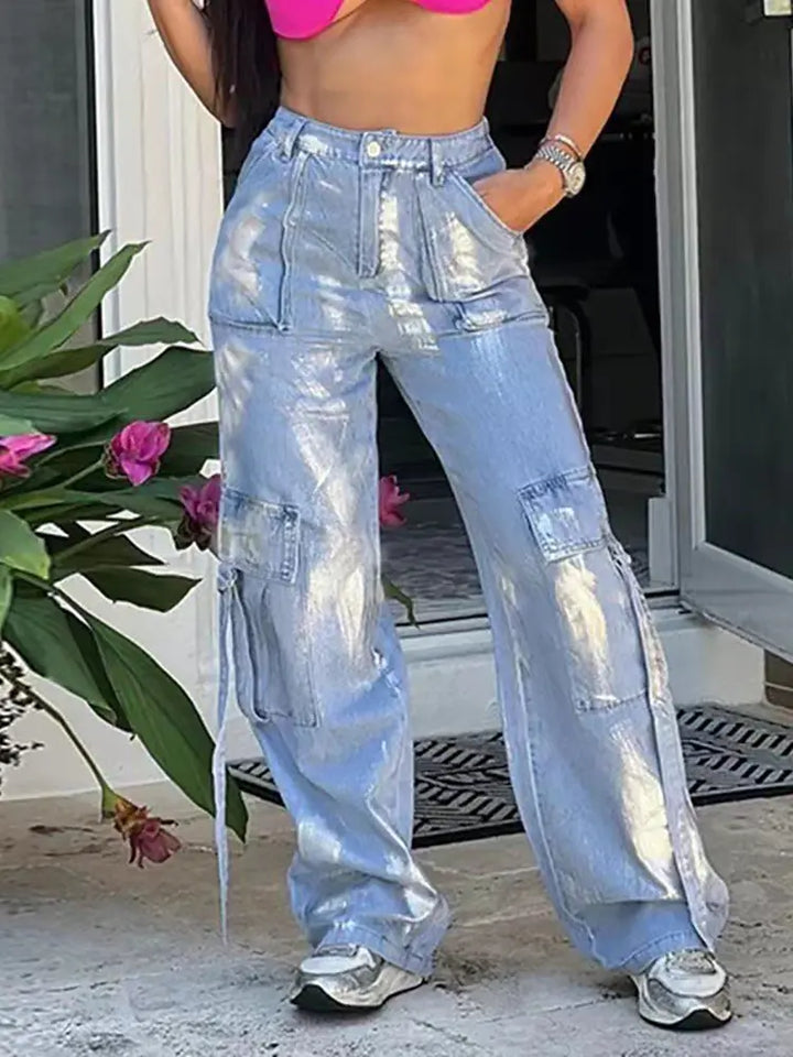 Silberne Jeans mit Print und Schleife