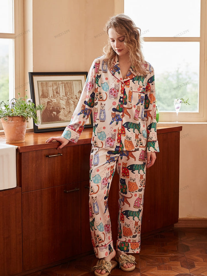 Cute Cat Print Ice Silk Long-Sleeve Pajama Set