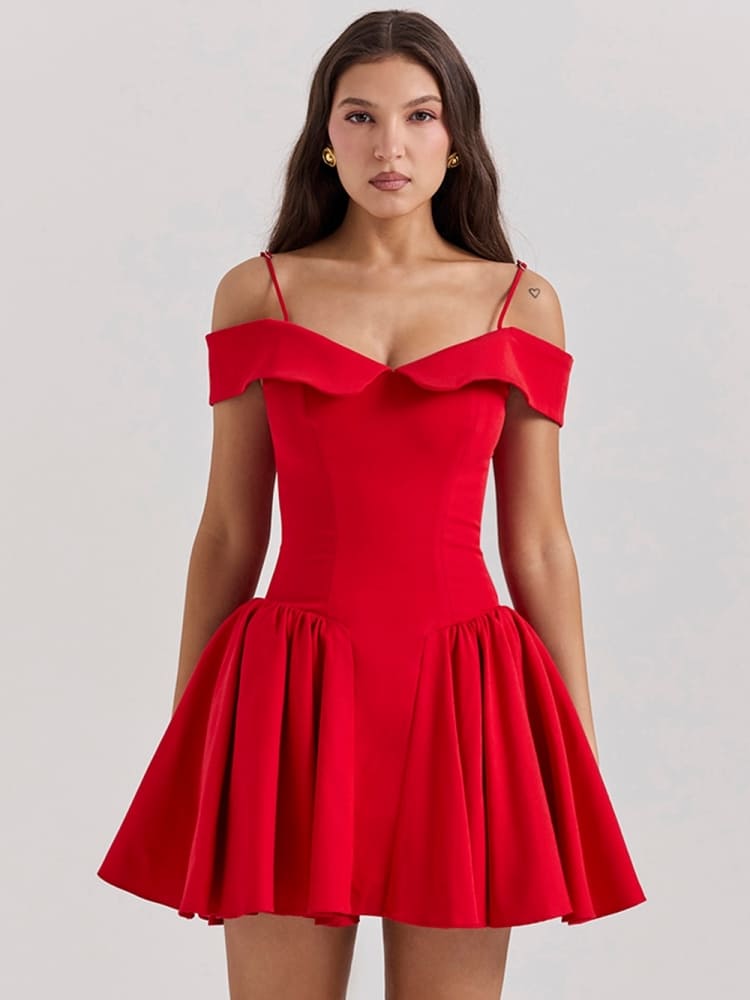 Vestido Mini de Alças Finas Off-Shoulder Escarlate