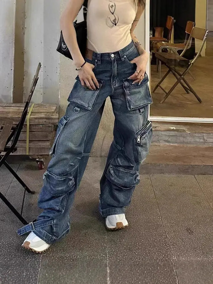 Pantaloni da lavoro in denim multi-tasche vintage