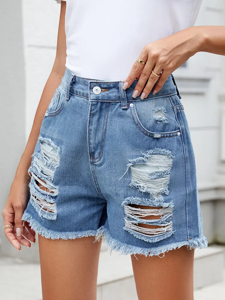 Summer Fringed Distressed Denim Shorts