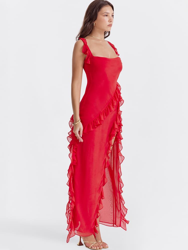 Robe longue maxi à bretelles froncées - Rouge