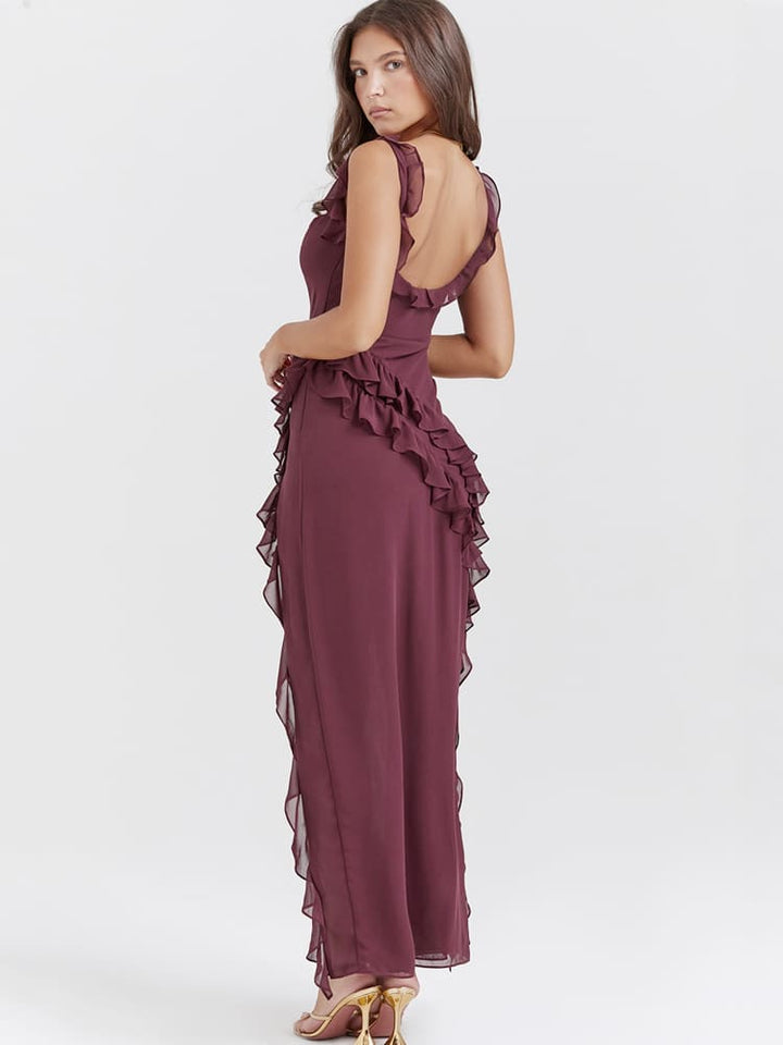 Ruffled Long Maxi Slip Dress - Mulberry