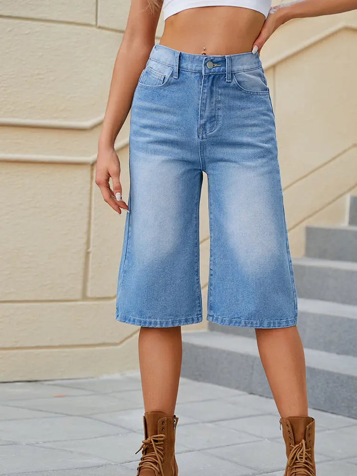 Gewaschene elastische Denim-Caprihosen