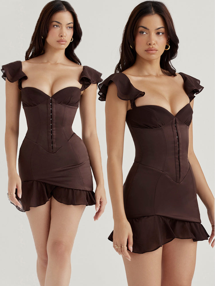 Robe mini bustier à volants en café noir