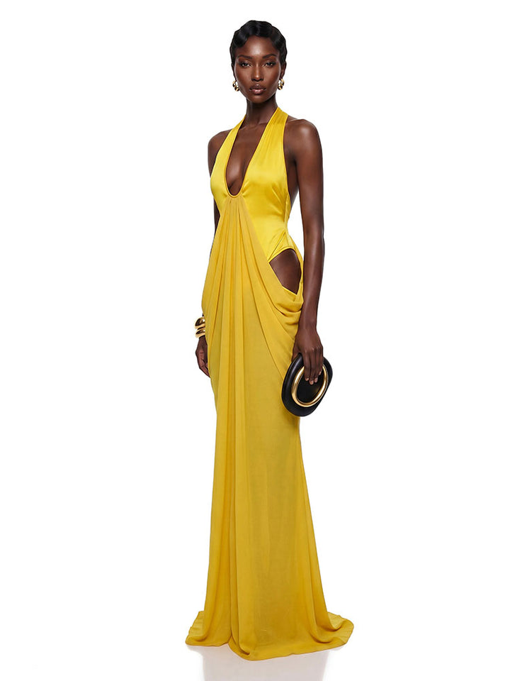 Golden Halter Cutout Maxi Dress