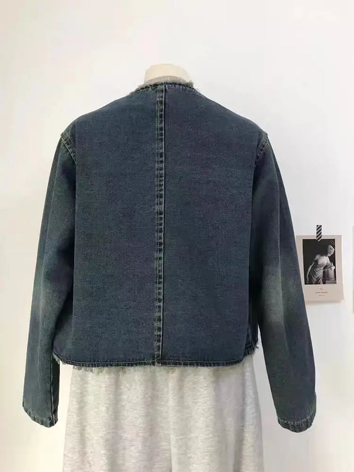 Vintage Ronde Hals Gefringeerd Denim