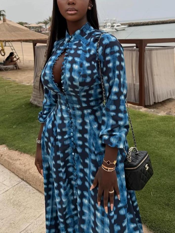 Blue Tie-Dye Button-Front Maxi Dress