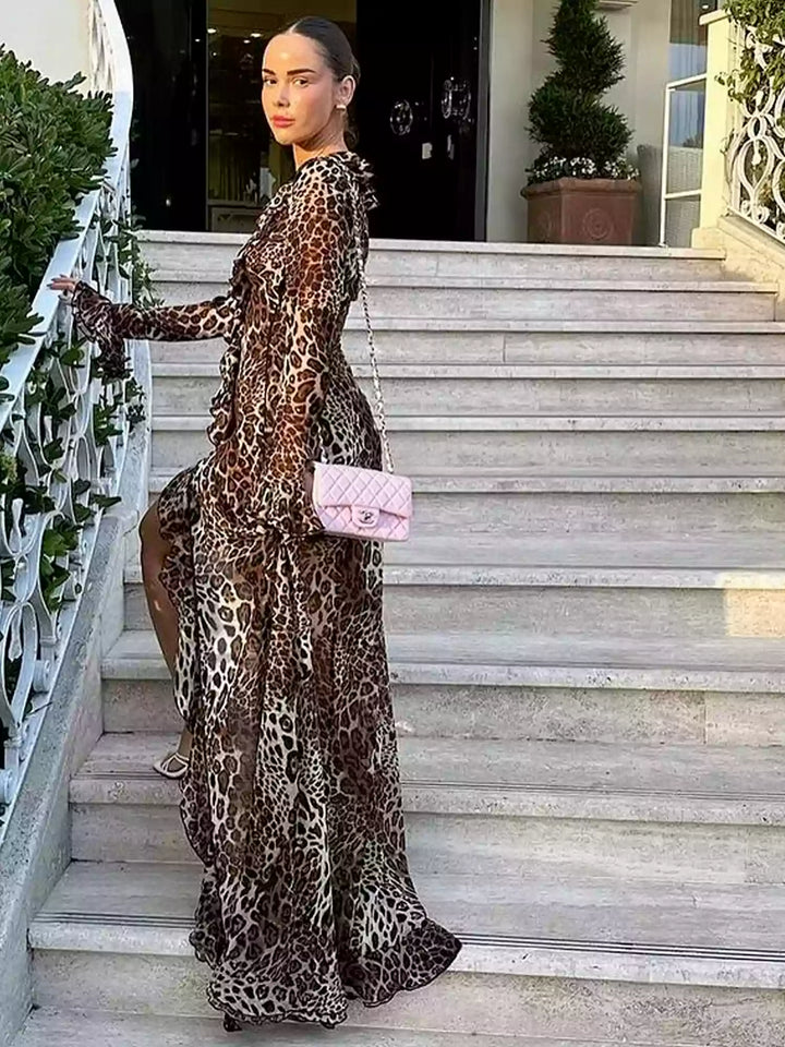 Elegance Print Chiffon Mermaid Maxi Dress - Wild Leopard