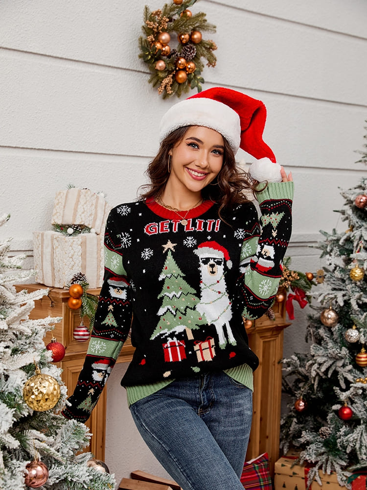 Crewneck Embroidered Knit Sweater – Alpaca at Christmas Tree