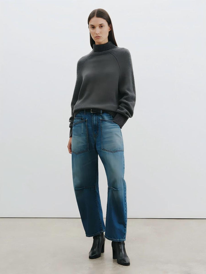 Blusa capa de gasa transparente y jeans de silueta curva