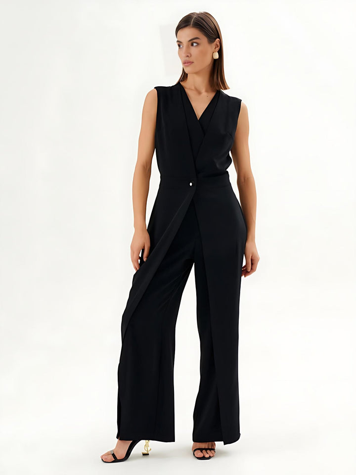 Black Sleeveless Wrap-Effect Wide-Leg Jumpsuit