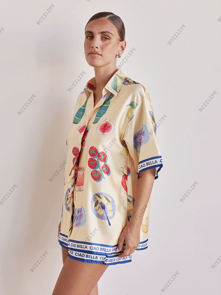 Casual tegneserieprint krave cardigan & shorts sæt