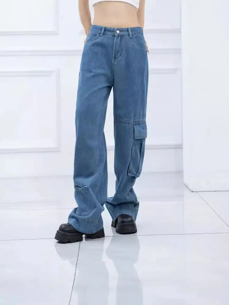 Jeans retro streetwear cu talie înaltă