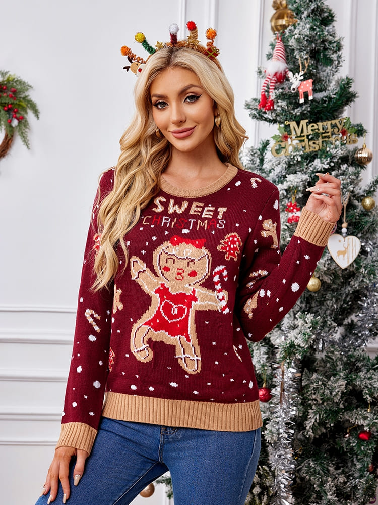 Casual Crewneck Embroidered Sweater – Gingerbread Man