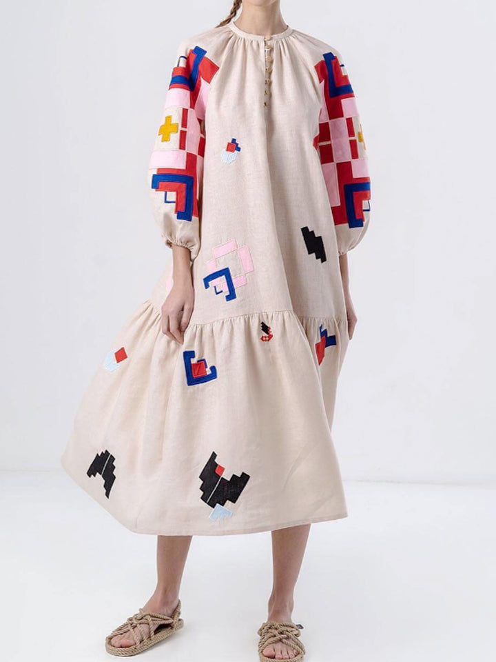 Loose Fit Printed Lantern Sleeve Casual Dress