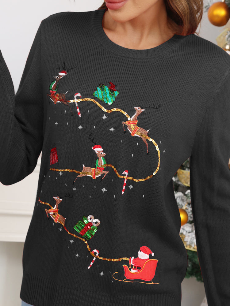 Christmas Cute Reindeer Embroidered Knit Sweater