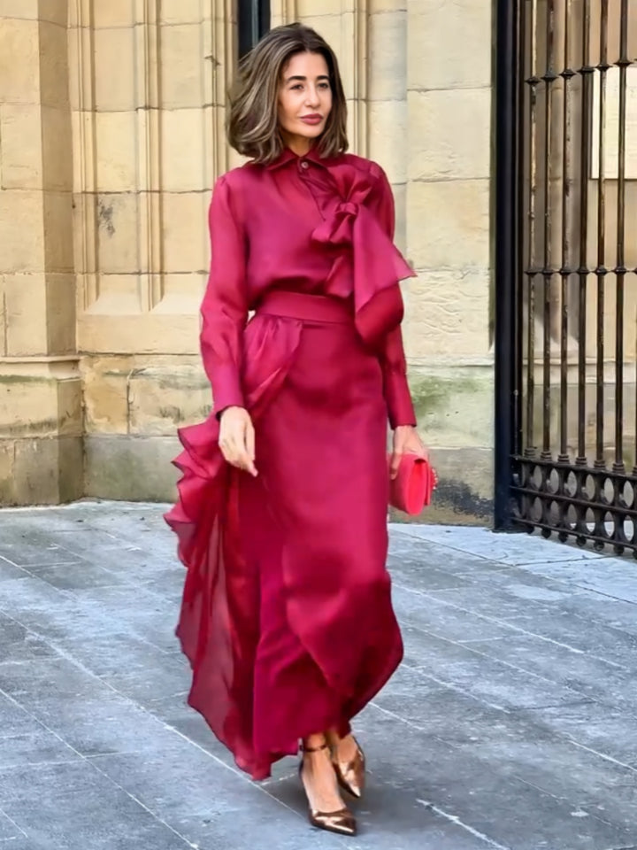 Red Satin Flowing Skirt Set