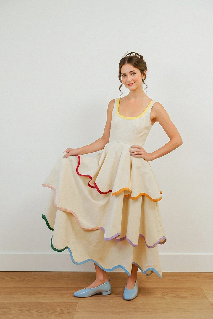 Robe midi évasée à volants avec encolure en U