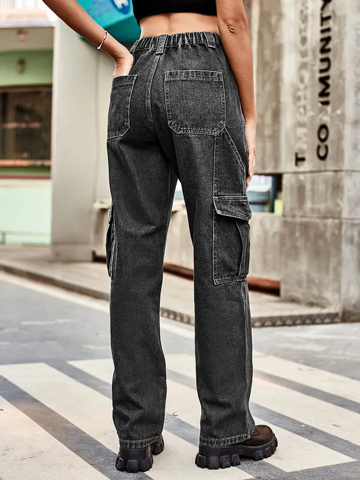 Pantaloni din denim cu buzunare laterale, cu croială lejeră