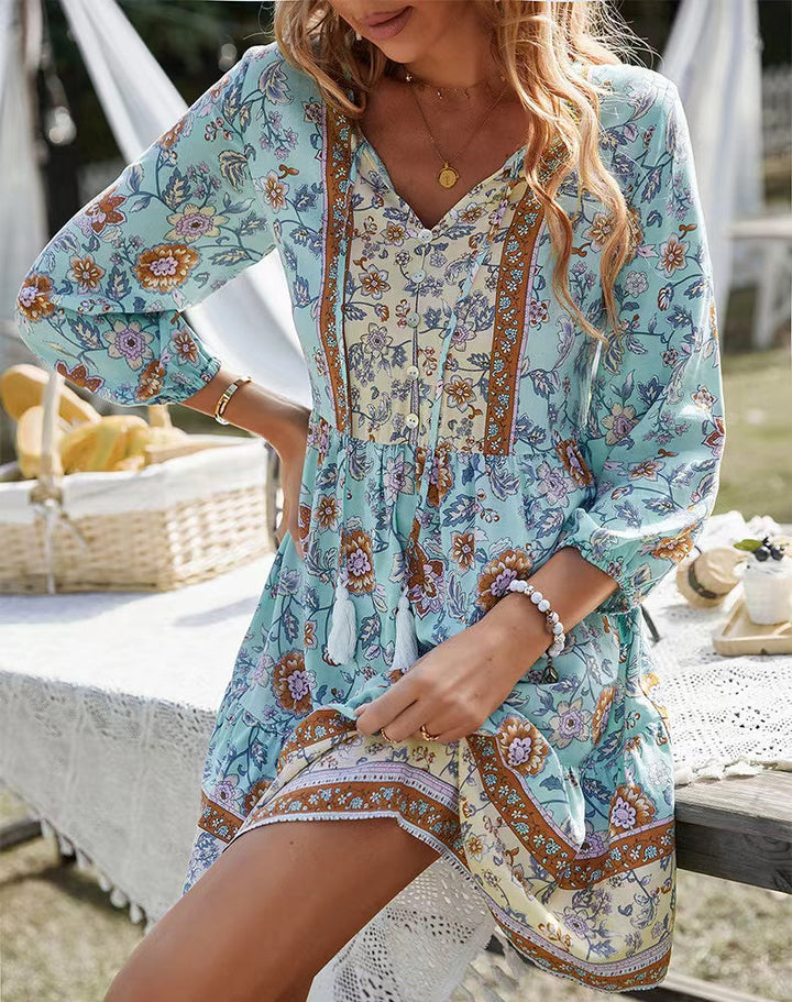 V-ringad tryckt Casual Bohemian Short Dress