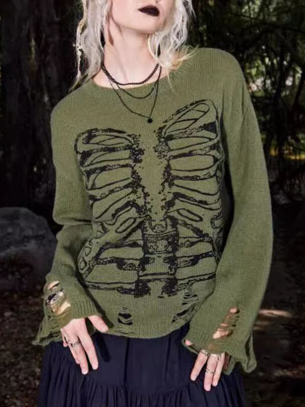 Halloween Skeleton Dark Style Ripped Langærmet Sweater