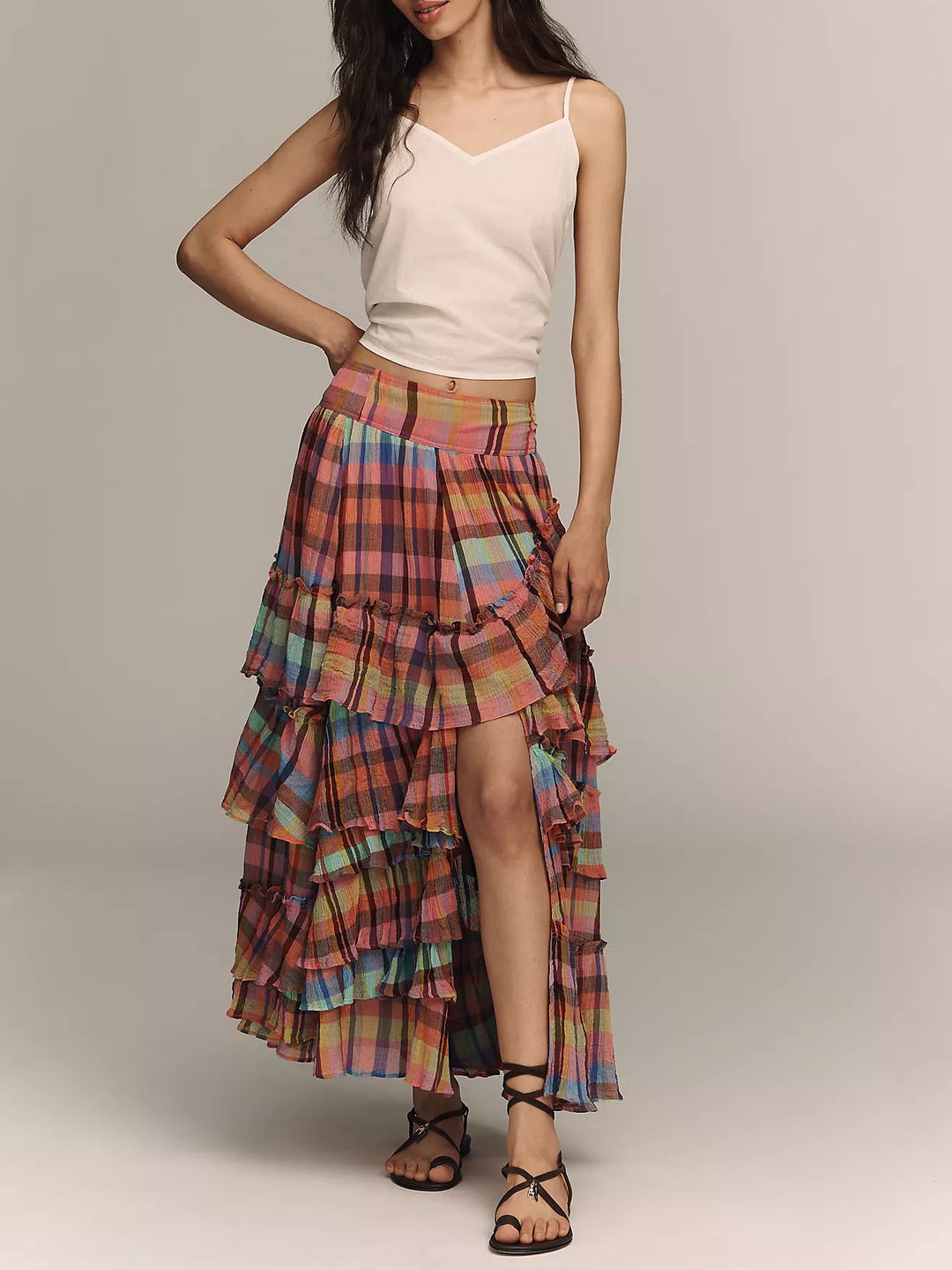 Plaid Ruffled Tiered Asymmetrical Maxi Skirt