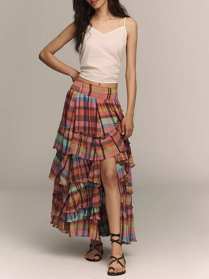Plaid Ruffled Tiered Asymmetrical Maxi Skirt