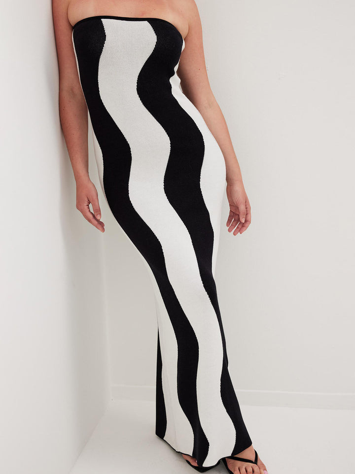 Wavy Striped Contrast Bandeau Midi Dress