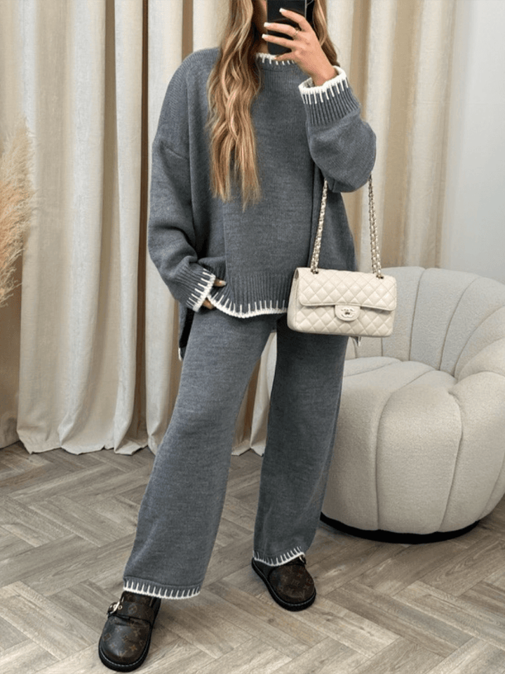 Suéter e calças de malha com acabamento em ponto cobertor