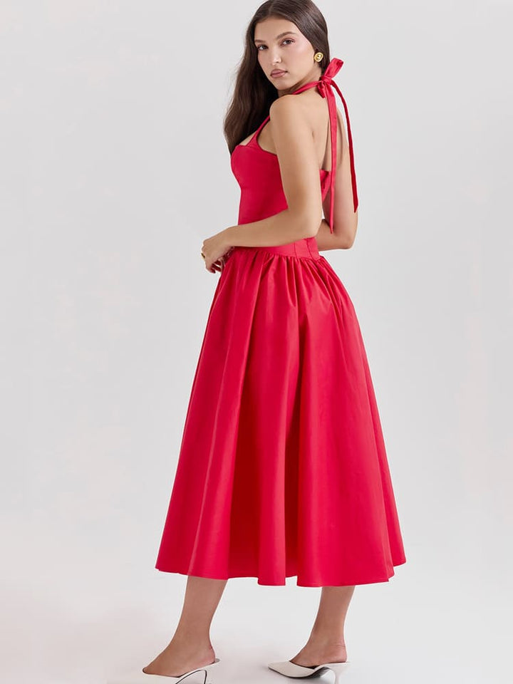 Vestido Midi com Decote Halter e Fenda Lateral - Vermelho Escarlate