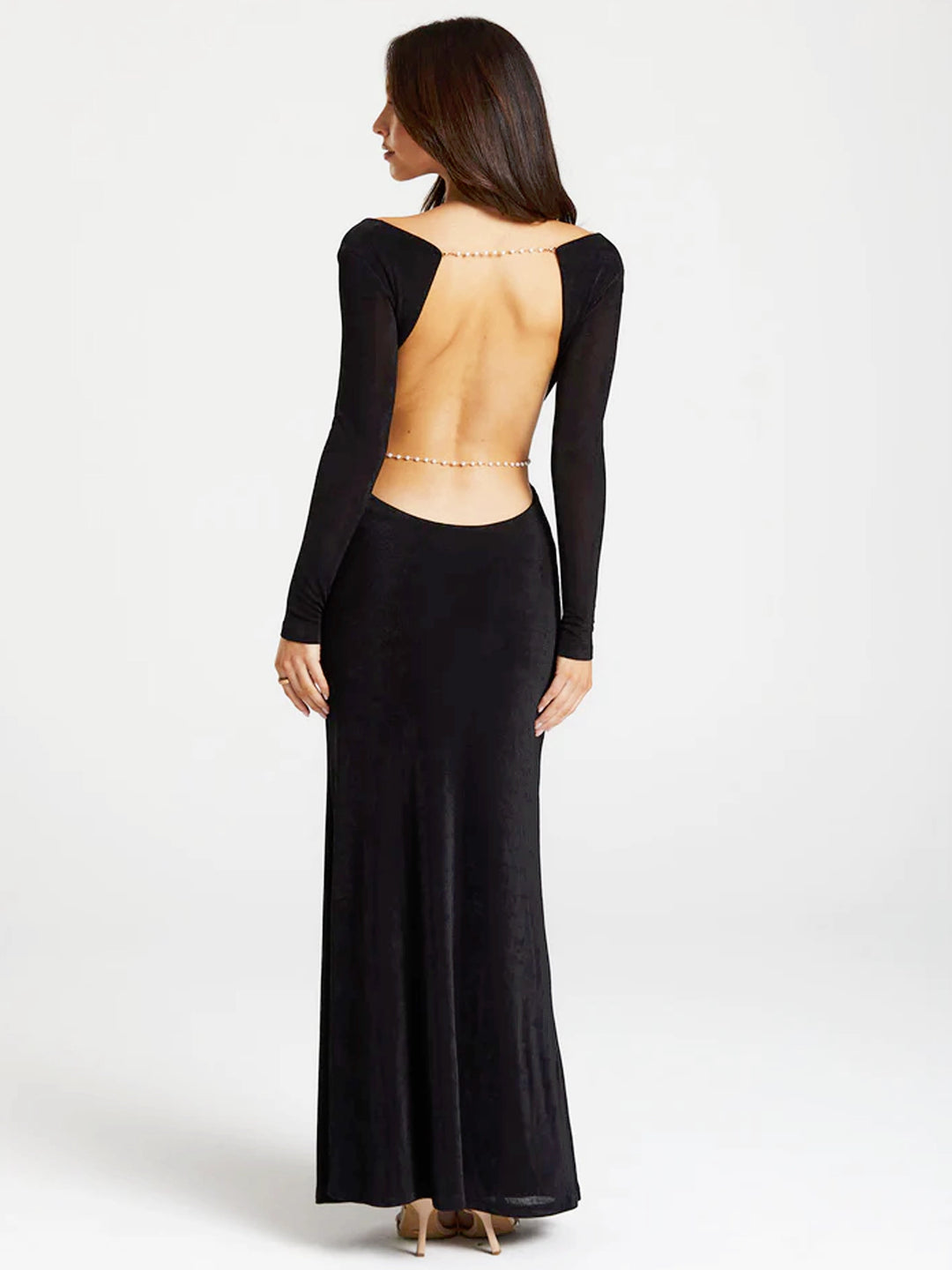 Pearl Chain Backless Fitted Maxi Dress