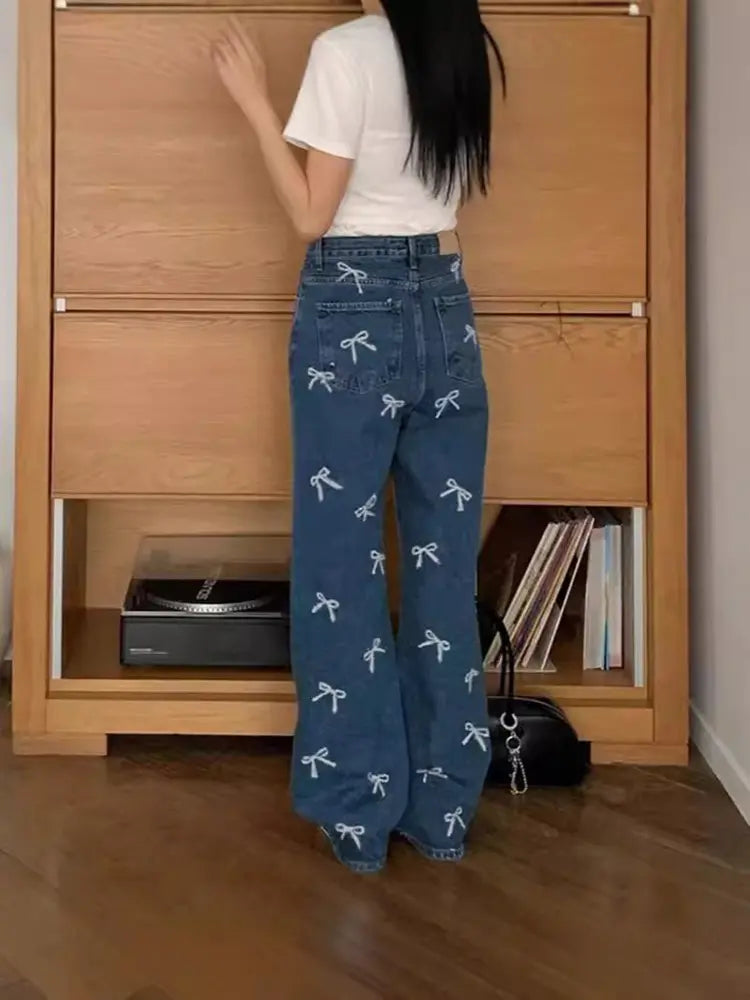 Bow Print Denim Pants