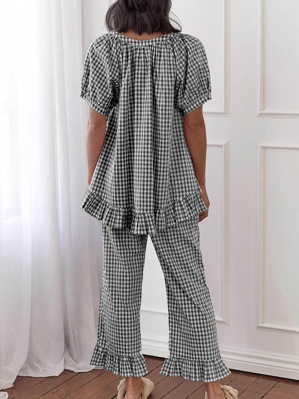 Casual Ruffled Plaid Print Shirt Pajama Set