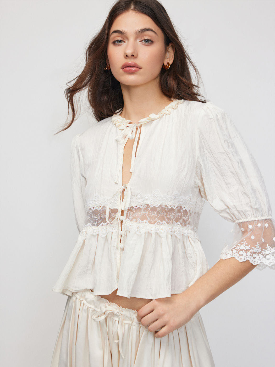 Lace Puff Sleeve Blouse & Cropped Bloomer Pants