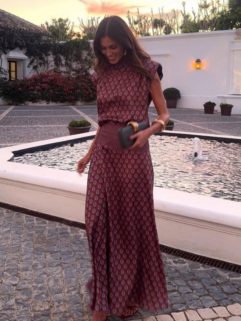 Retro print sjaaltop en vloeiende maxi-rok tweedelige set