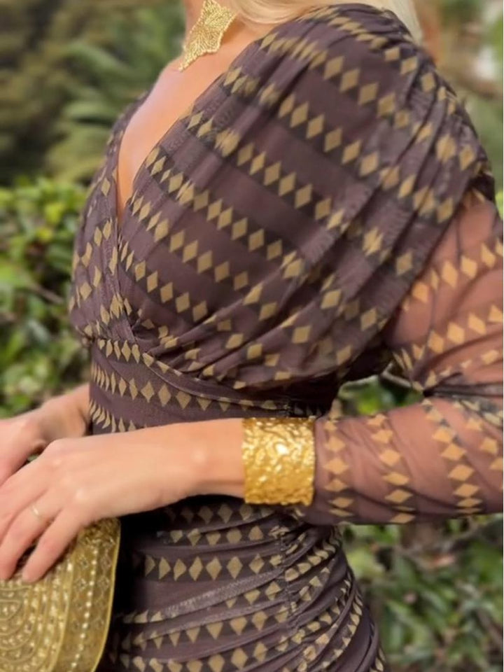 Bohemian Patterned V Neck Mesh Maxi Dress