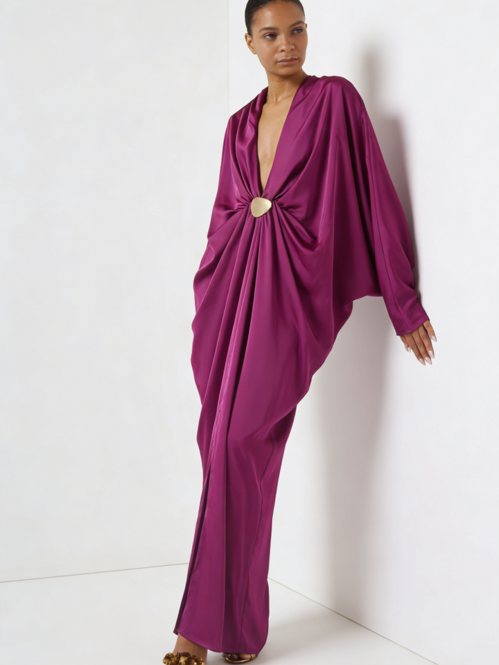Robe longue col en satin magenta satiné