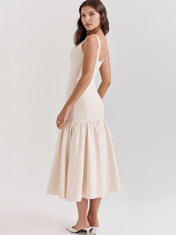 Vintage Low-Waist Midi Dress - Cream Beige