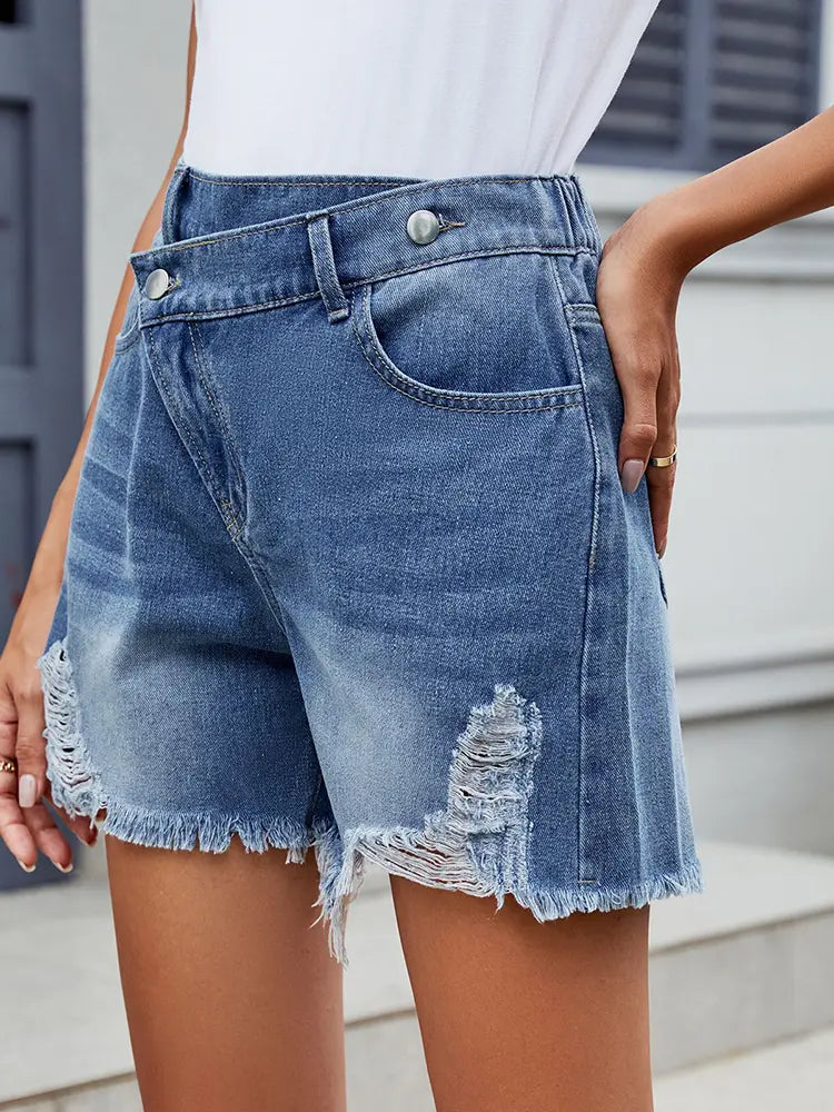 Sommer Asymmetrisk Frynse Denim Shorts