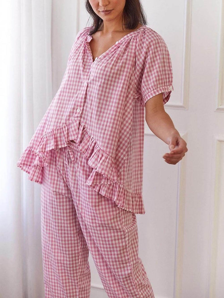 Conjunto de pijama casual com estampa xadrez e babados