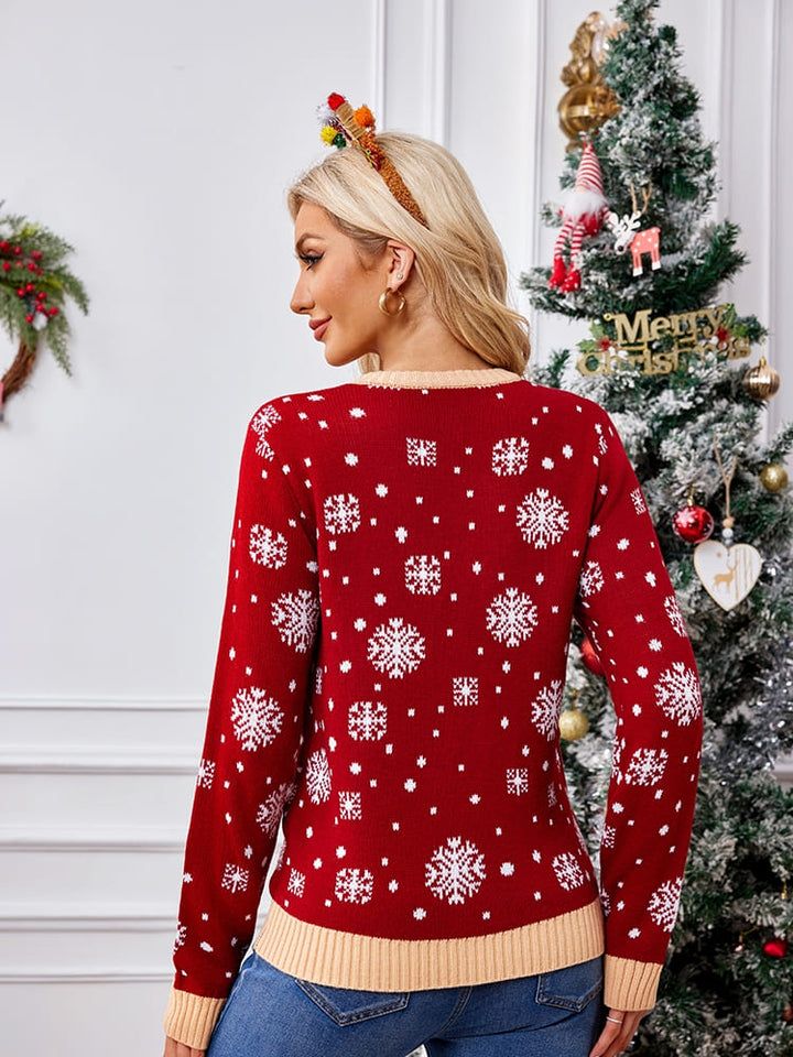 Pull brodé décontracté à col rond – Père Noël et pingouin