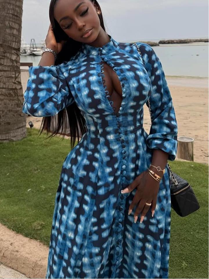 Blue Tie-Dye Button-Front Maxi Dress