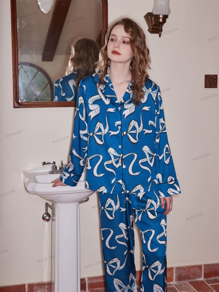 Bow Pattern Ice Silk Pajama Set